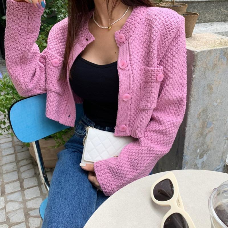 

Elegant Knitted Cardigan Round Neck Women s Short Sweater Coats 2025 Autumn Winter New Pocket Short Jacket Long Sleeve Casual Simple Office Shirt one size рожевий
