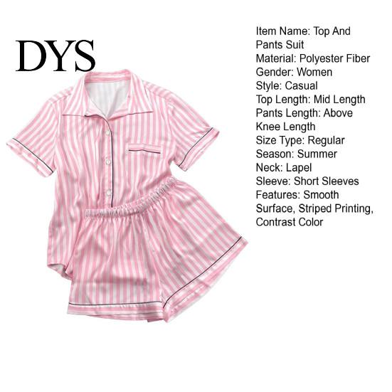 Women Sleepwear Ensemble 2 Pcs/Set Shirt Shorts Suit Lapel Short Sleeves Satin Striped Contrast Short-sleeve Pajama Set Color Top Elastic Waist