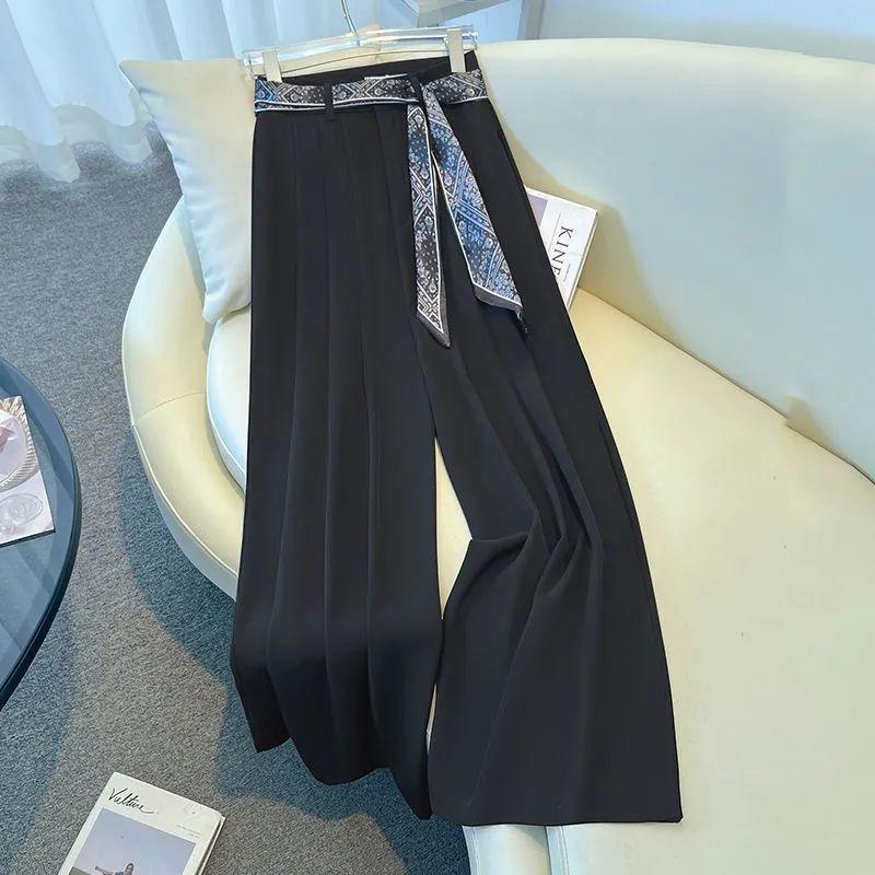 2025 Summer Women's Silk Scarf Print High-Waisted Wide-Leg Drape Pants - Fashionable Floor-Length Casual Trousers
