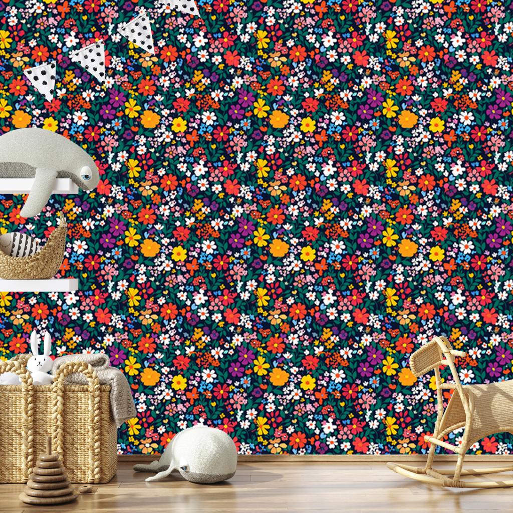 Wallpaper Small Flowers Turquoise and Navy Blue for Living Room and Bedroom 50x1000