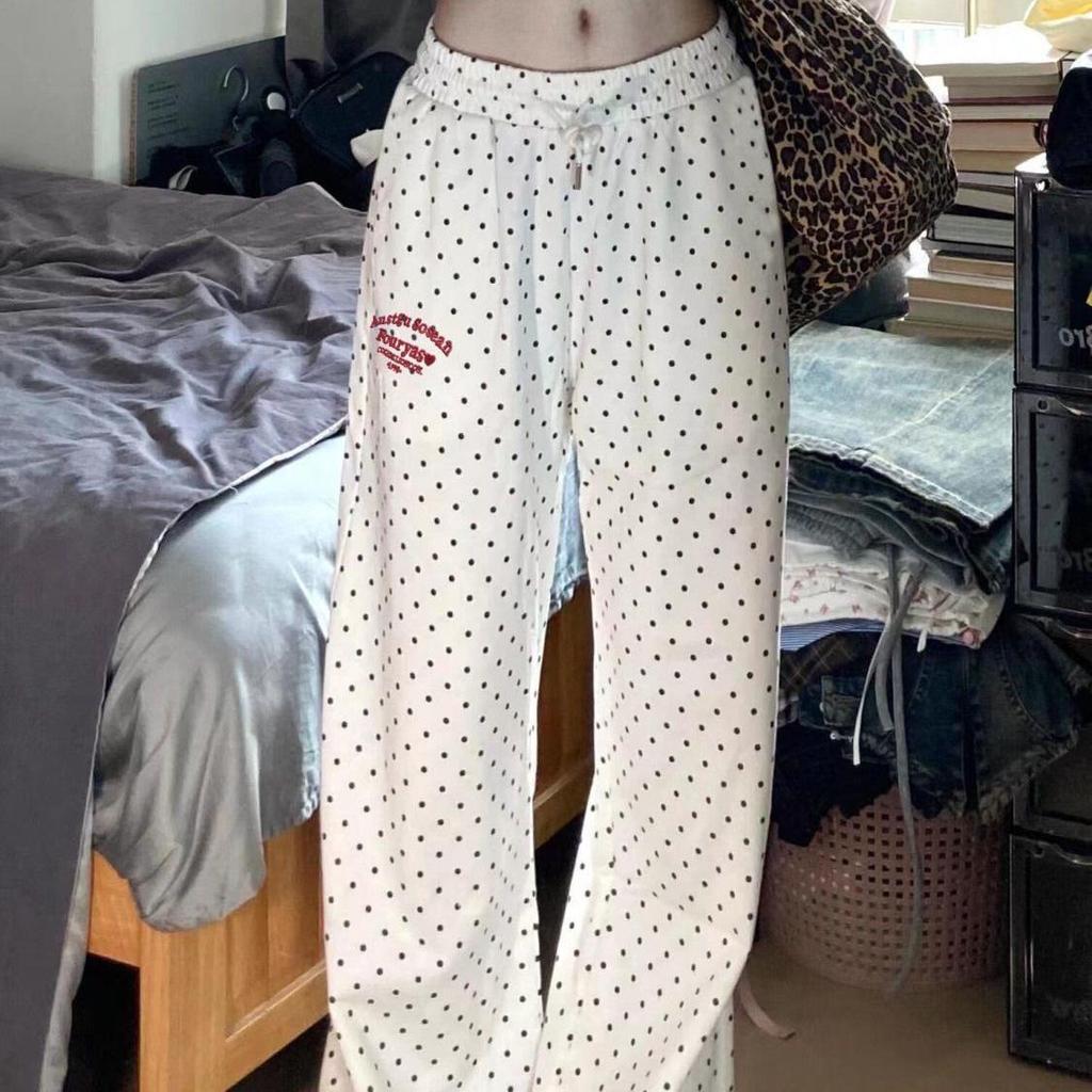 Women's High-Waist Polka Dot Wide-Leg Embroidery Pants - Casual Spring/Summer Straight-Leg, Loose-Fit, Slimming Style.