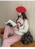 Women's Wool Round Neck Sweater with Cartoon Bunny Embroidery - Cute Style for Autumn/Winter