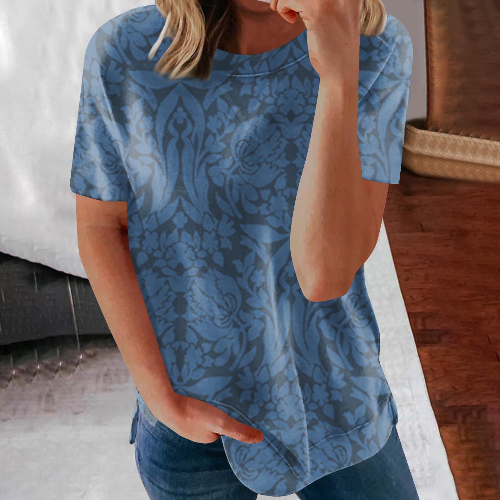 

Женские летние свободные топы с короткими рукавами и круглым вырезом в стиле ретро с короткими рукавами и принтом, женские летние футболки L темно-синий