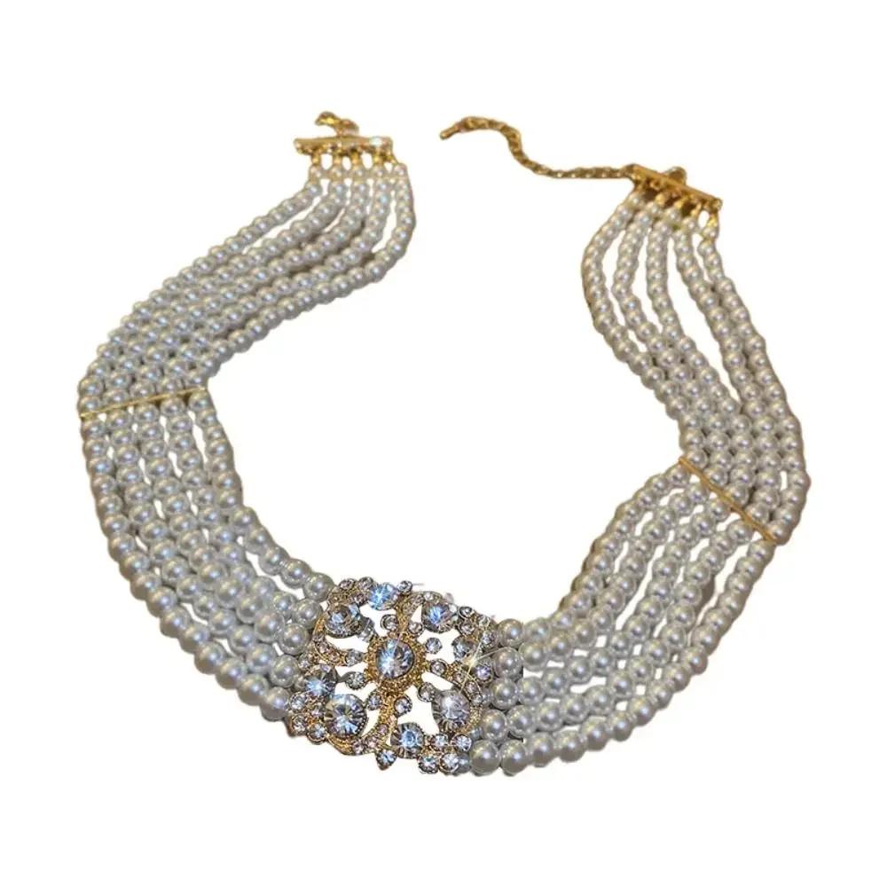 Vintage Elegant Multi Layer Pearl Necklace Luxury Shiny Rhinestone Pendant Necklace for Female Party Jewelry Accessories