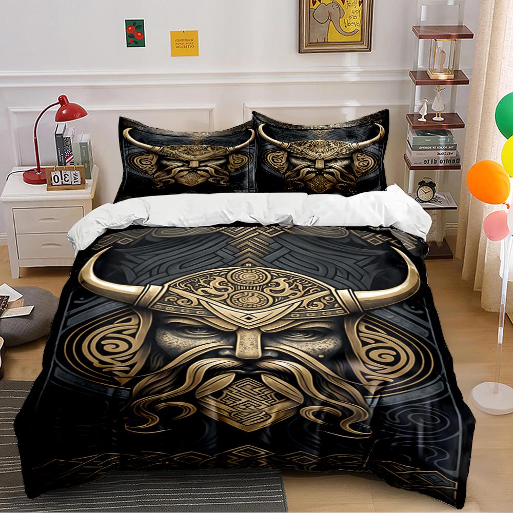 Viking Warrior Design Black Gold Bedding Set Bedding Set (1 Duvet Cover, 2 Pillowcases, Duvet Not Included)