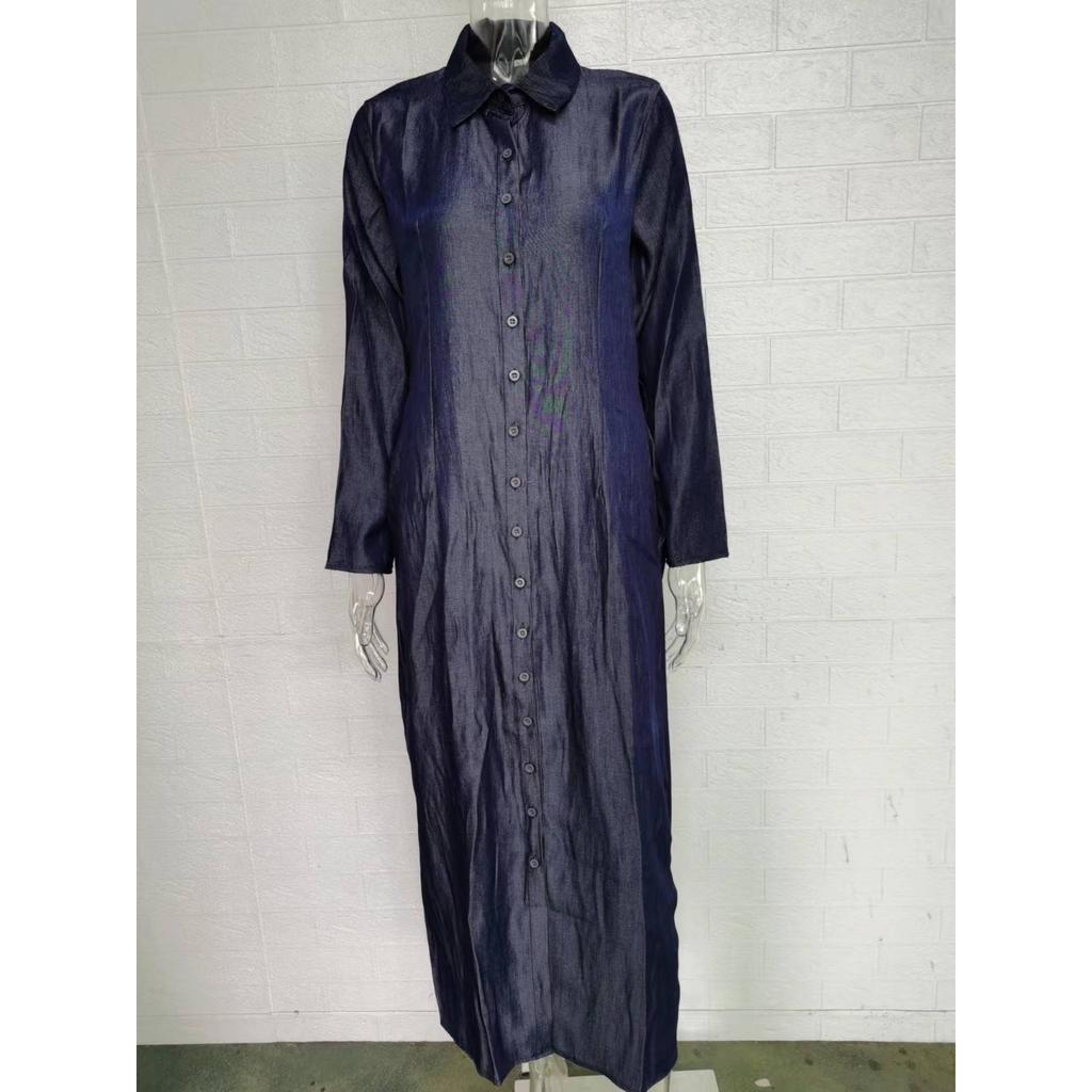 Elegant Women's Long Sleeve Denim Dress - Neutral Style Button-Down Maxi Dress with Lapel Collar and Pockets, Stylish Solid Color Long Dress for Casua