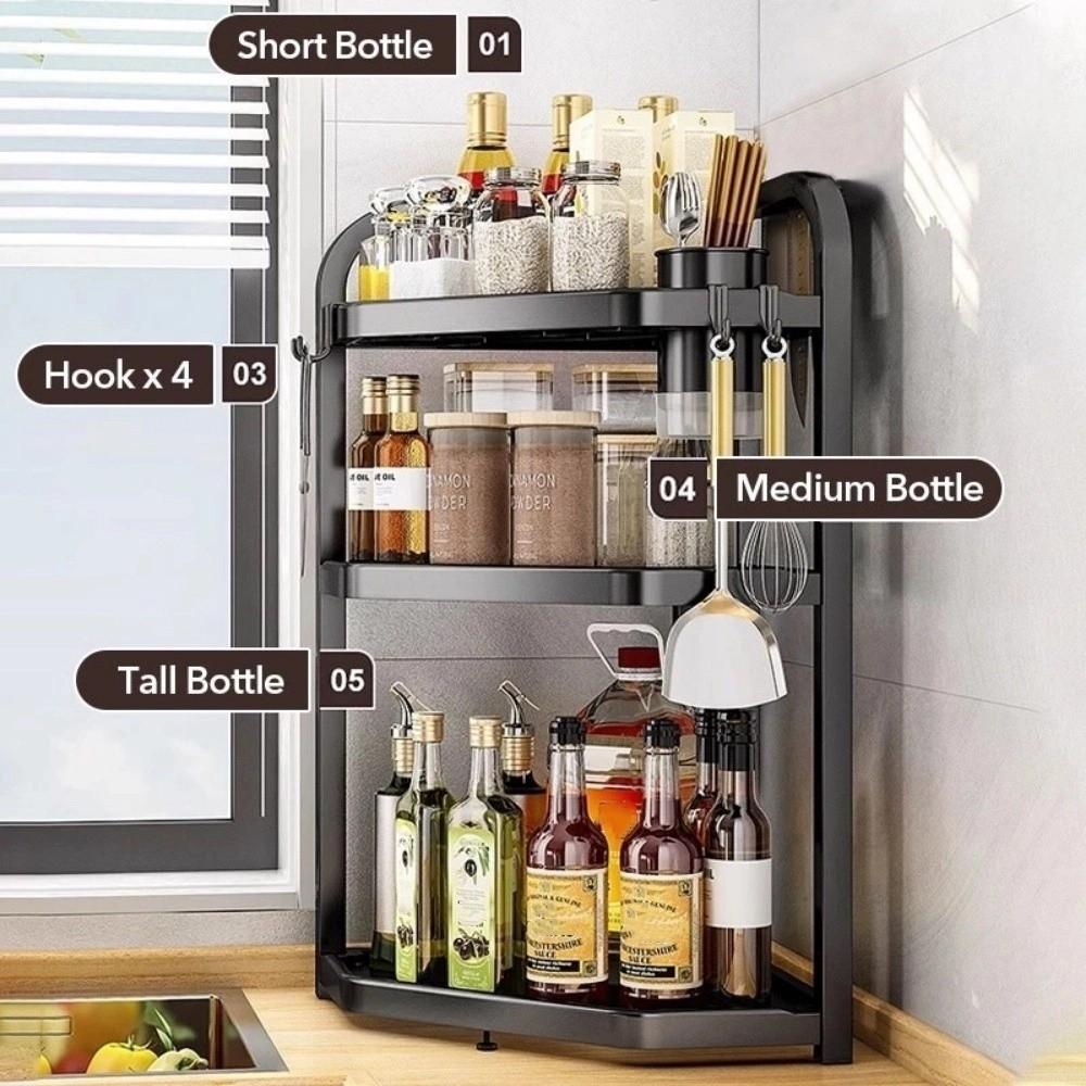 Household 2/3 Layer Condiments Rack Corner Stand with Hooks Seasoning Rack Carbon Steel Storage Rack Kitchen Organizer Supplies