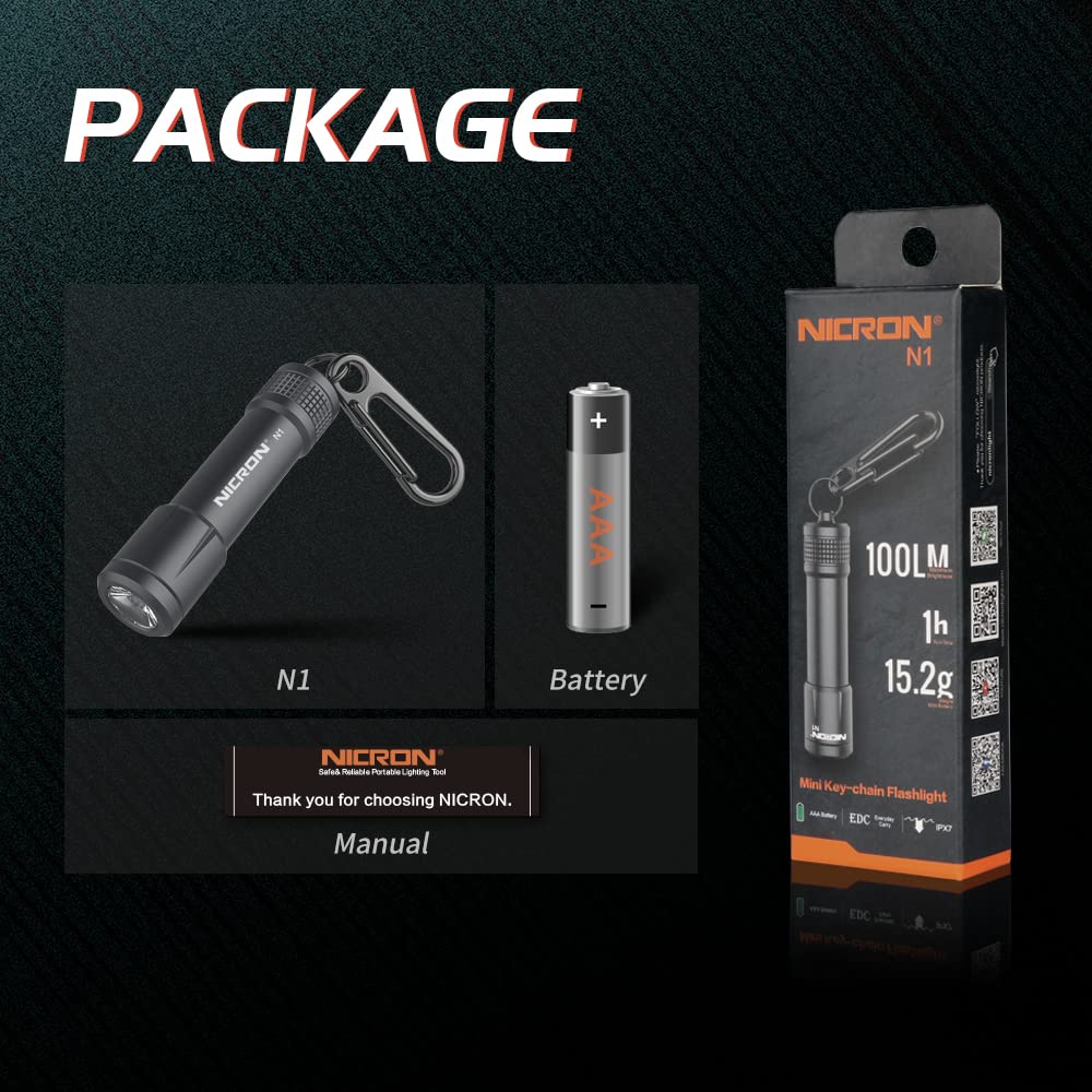 Nicron Mini Flashlight with IPX7 100 Handheld Carabiner, Waterproof, N1, Lumens, Light/Torch
