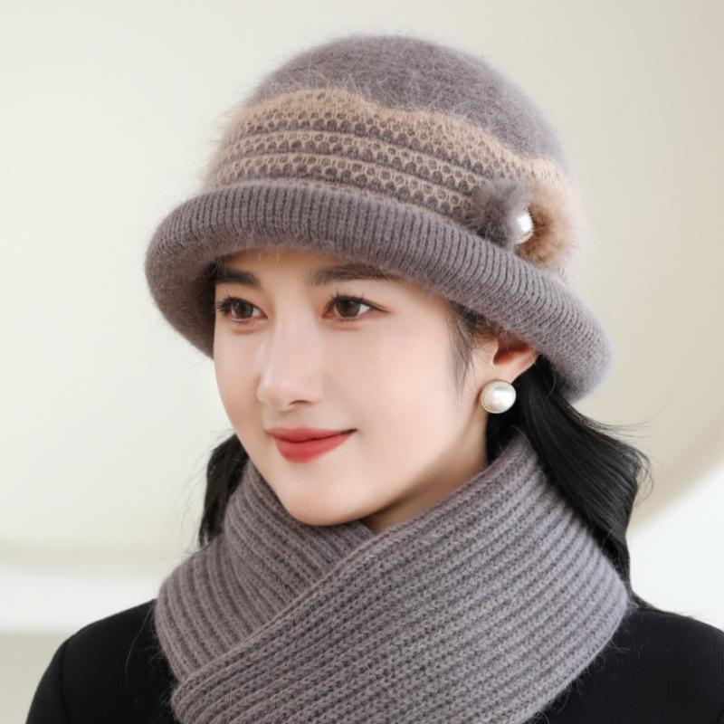Winter Hat Women's Knitted Wool Hat Plush Thick Warm Faux Rabbit Fur Basin Hat