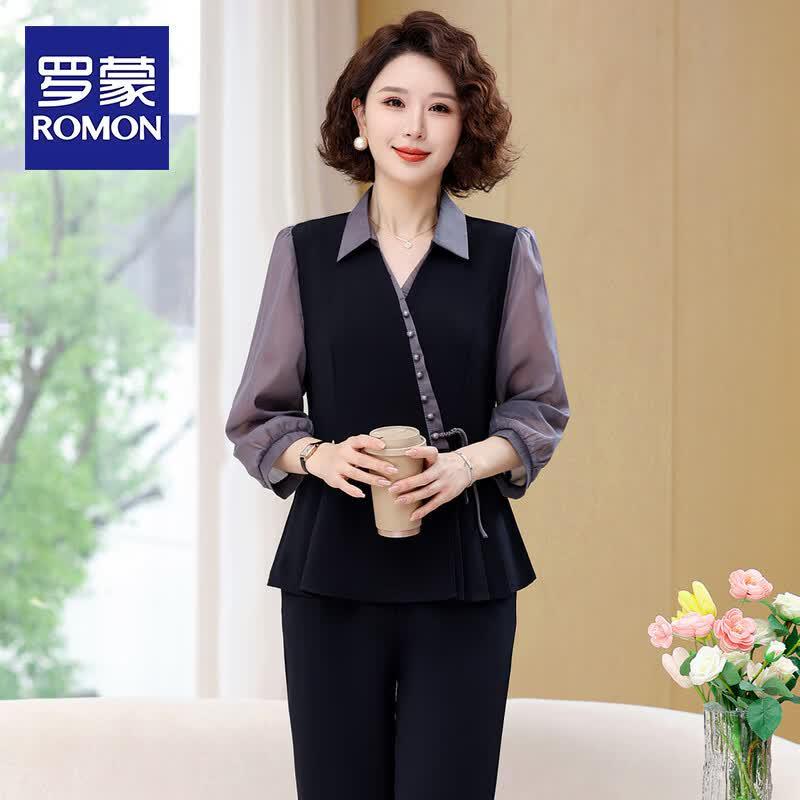 ROMON Elegant Two-Piece Blouse Set for Mid-Aged Women 4XL