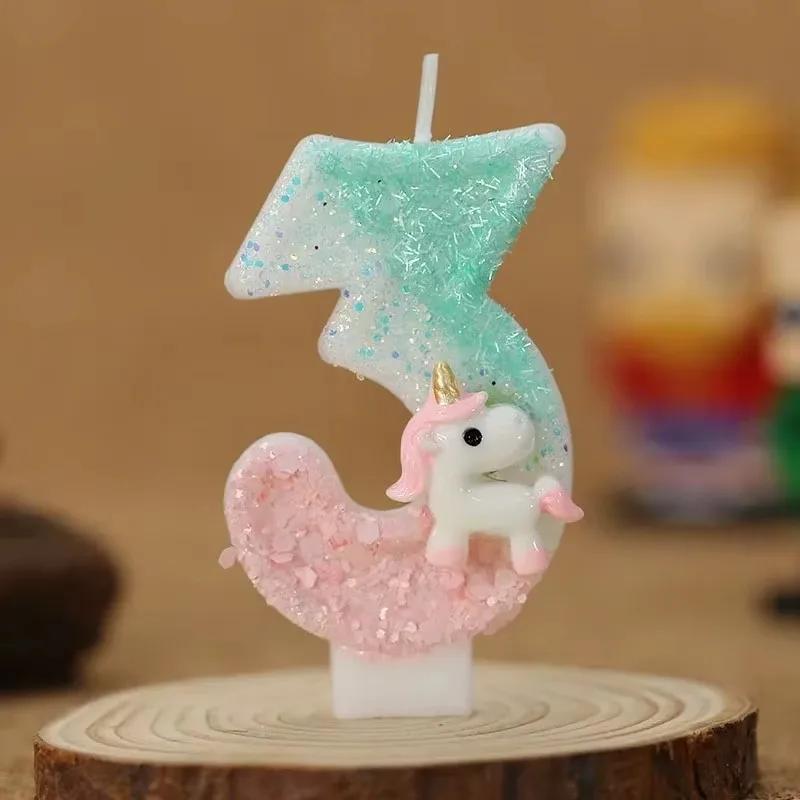 3D Number Birthday Candle Pink Glitter Unicorn Cake Decorating Party Anniversary Cake Decor for Cake Children's Birthday Candle