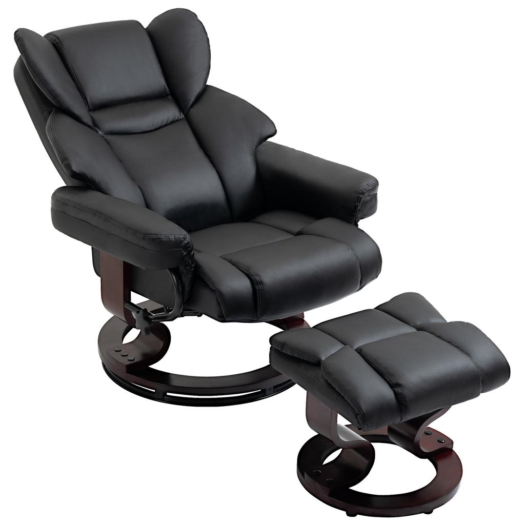360 Degrees Swivel Recliner Chair with Footstool, PU Leather Manual Recliner Armchair with Footstool, Solid Wood Base