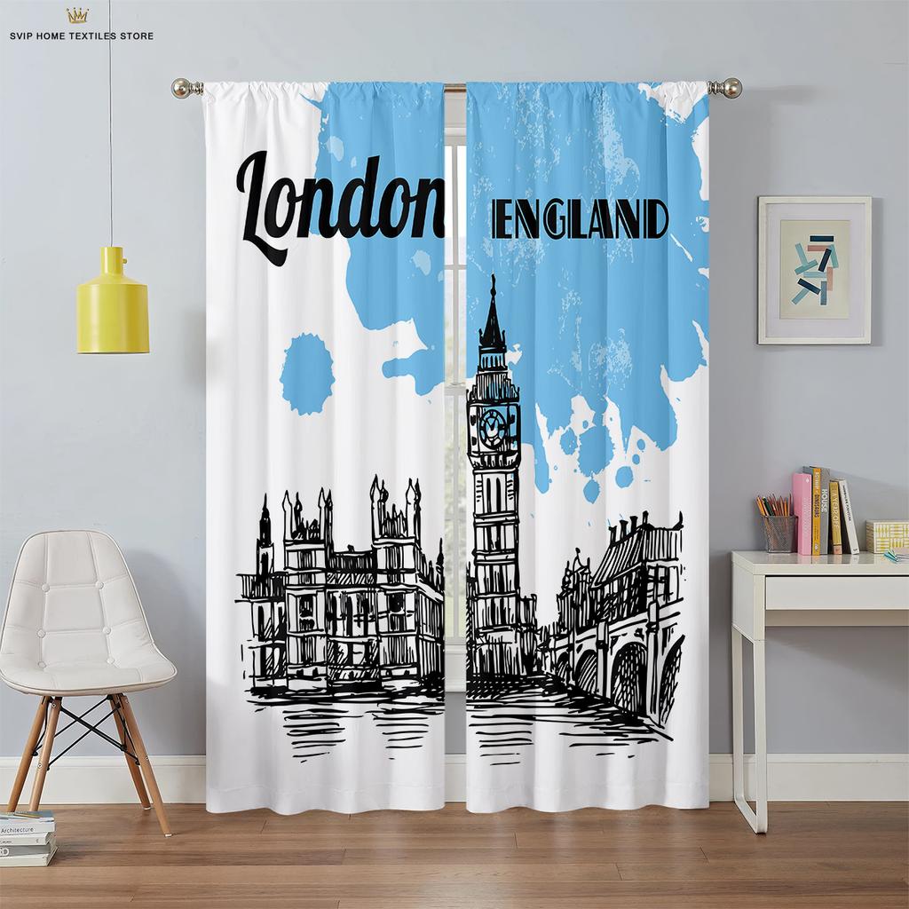 City Night View Building 3d Printing Curtains Living Room Study Bedroom Blackout Curtains High Quality Black Silk Material 2 Pcs