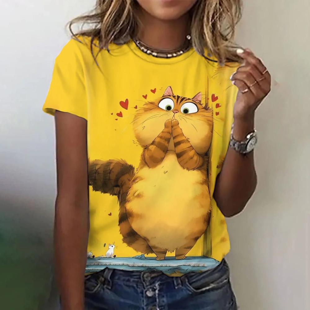 Cute cat 3D printed women's loose round neck short sleeved T-shirt