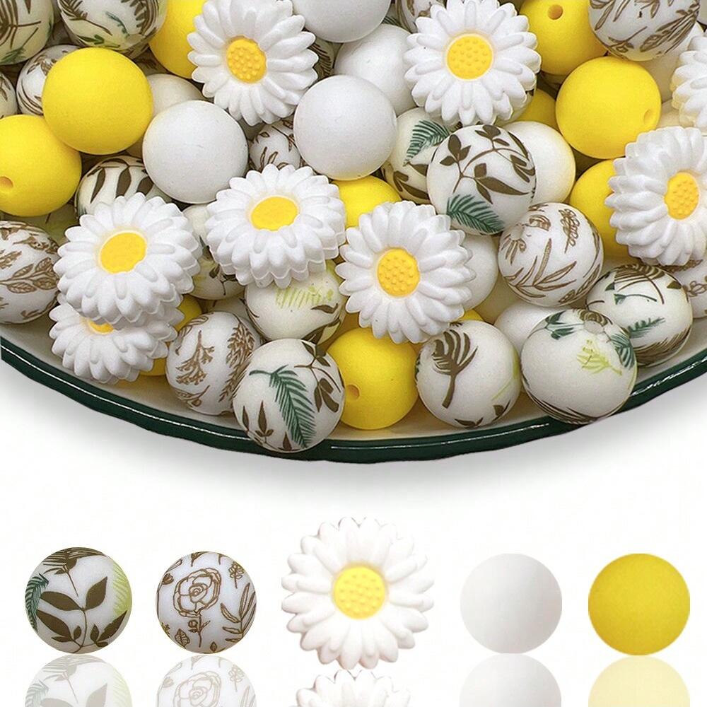 25PCS daisy and floral printed silicone bead set, punk style, suitable for DIY keychains, bracelets, bead pens