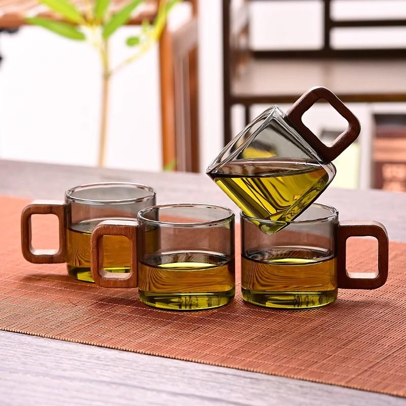 1 buc ceașcă de ceai din sticlă rezistentă la căldură cu mâner de nuc 120ml Mini Espresso Cup Set cafea măcinată cană pahare brewing ceaiuri