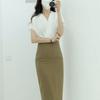 Style Latte Women V Neck Wrap Shirring Draped Chiffon Blouse