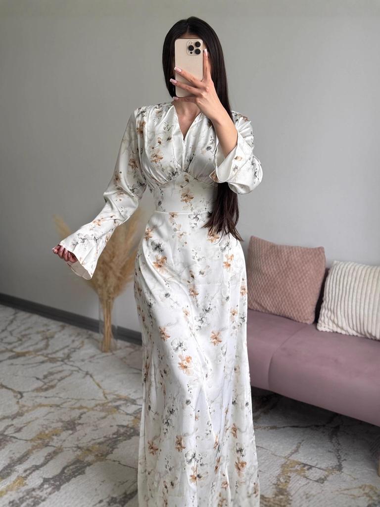 2025 Spring High-End French V-Neck Satin Print Swing Dress