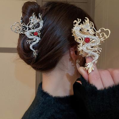 Çin Stili Zodyak Ejderha Şekli Saç Klipleri Saç Aksesuarları Kadın Kız İçin Kırmızı Boncuk Alaşım Rhinestone Saç Tokası Moda Takı