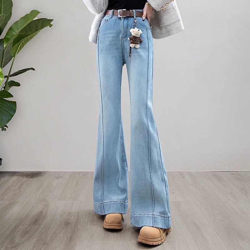 

Sisbay Women s High-Waist Slim Flare Fleece-Lined Washed Jeans S