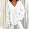 Winter Cozy Solid V-Neck Casual Daily Home Wear Two-Piece Set