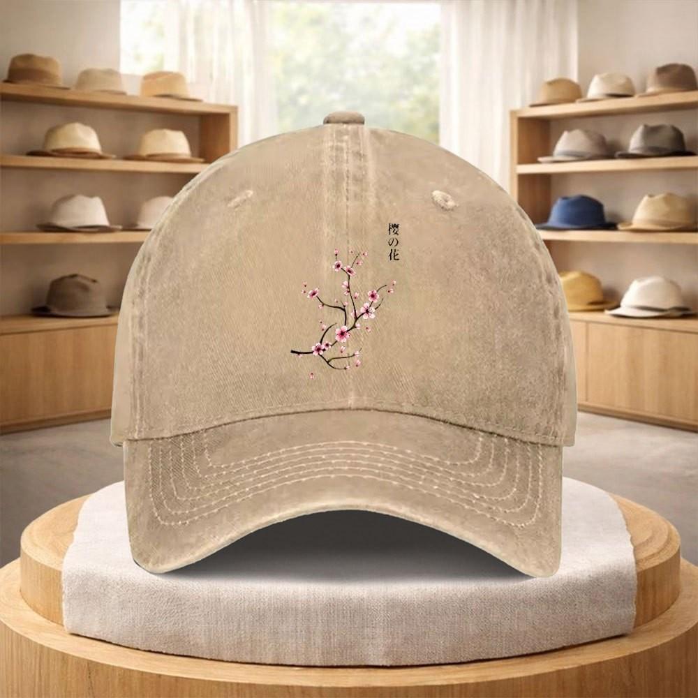 Cherry Blossom Baseball Cap Washed Denim Street Fashion Adjustable Hat for Unisex Adults