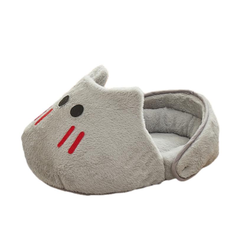 

Зимняя теплая тапочковая лежанка для кошек, уютный плюшевый домик для питомцев для домашних кошек, мягкий удобный коврик для питомцев с нескользящим дном L-60x36x26cm серый
