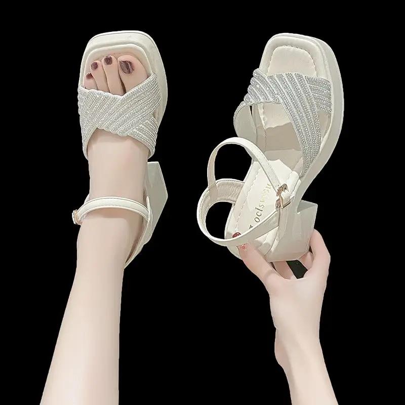 Fashion Rhinestones Square Heels Sandals for Women Summer Sales 2025 Offers New Breathable Fashion Offer Woman Shoes On Sale Wholesale