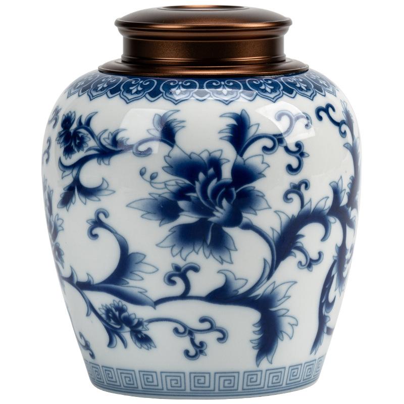 Creative Alloy Lid Sealed Jar Blue Floral Vine Pattern Ceramic Tea Canister Portable Storage Jar Food Container Craft Decoration