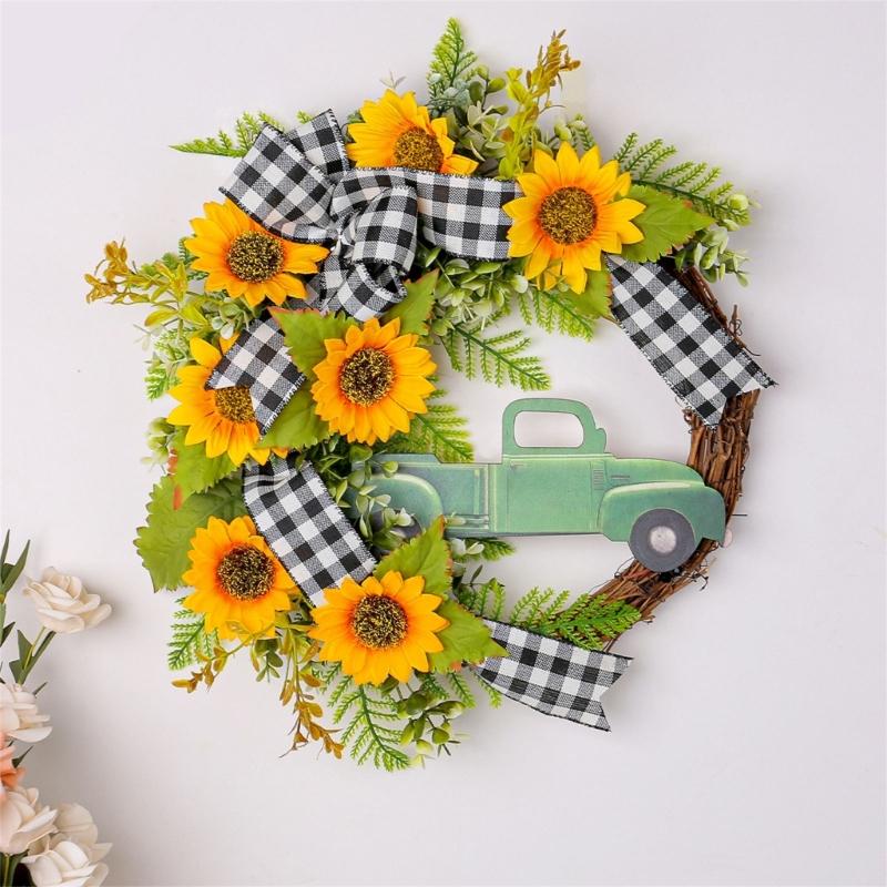 Sunflowers Wreath with Truck for Front Door, Artificial Spring Wreath for Farmhouse Outdoor Garden Wedding Decorations