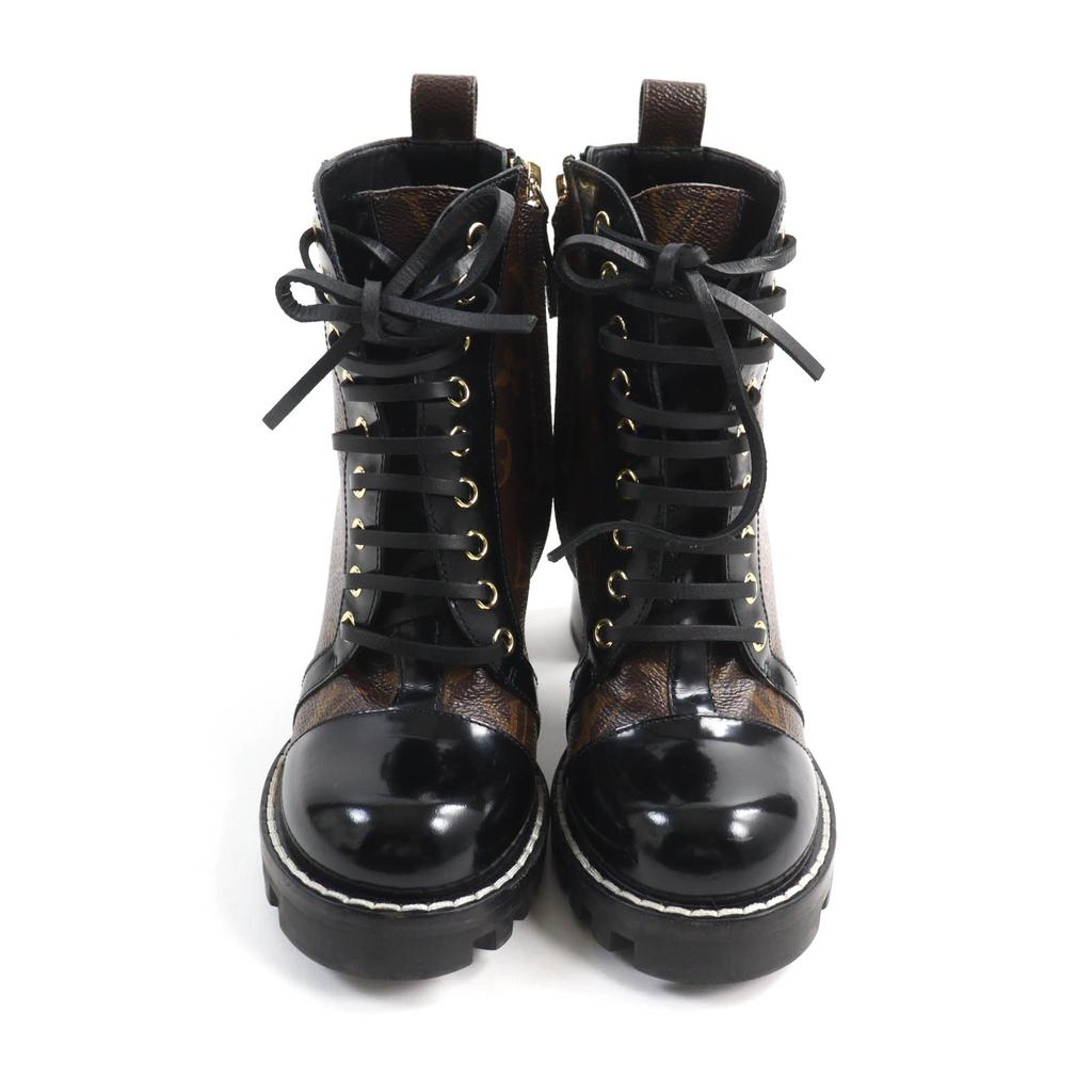 Excellent LOUIS VUITTON Ankle boots Lace Up Brown black Monogram canvas Women 35 Used