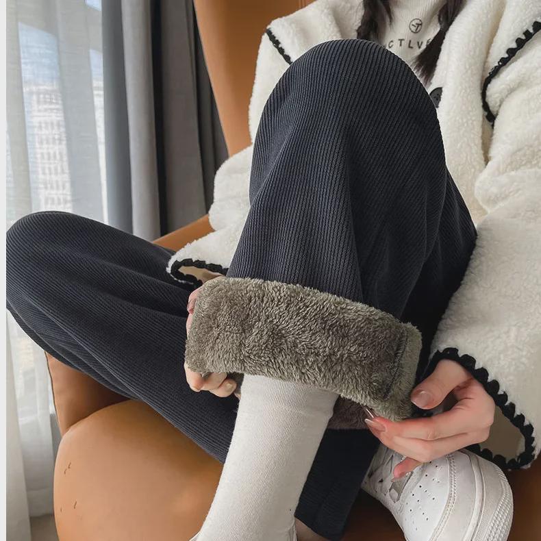 Plus Size Fleece/No-Fleece Extra Thick Lambskin Corduroy Wide-Leg Chenille Pants for Autumn/Winter