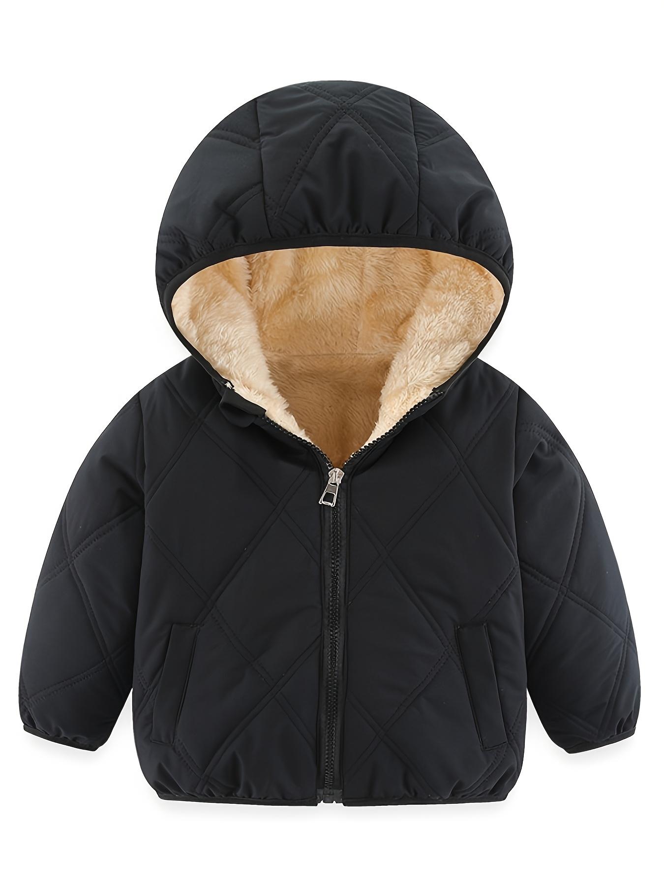 

Thickened Plush Winter Hooded Coat for Kids - Cozy Fleece-Lined Long Sleeve Jacket with Pockets, Cute Winter Clothes, Fall Kids Apparel 90cm чорний