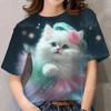Cute women's T-shirt, cute cat print top, fashionable cartoon pattern T-shirt
