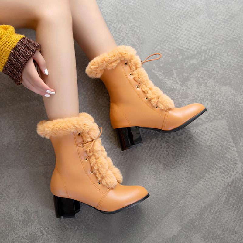 Fashion 2025 Autumn Winter Fur Women Ankle Boots Quality Solid Lace-up Ladies Shoes Fashion Square High Heels Boats Botines Mujer 33