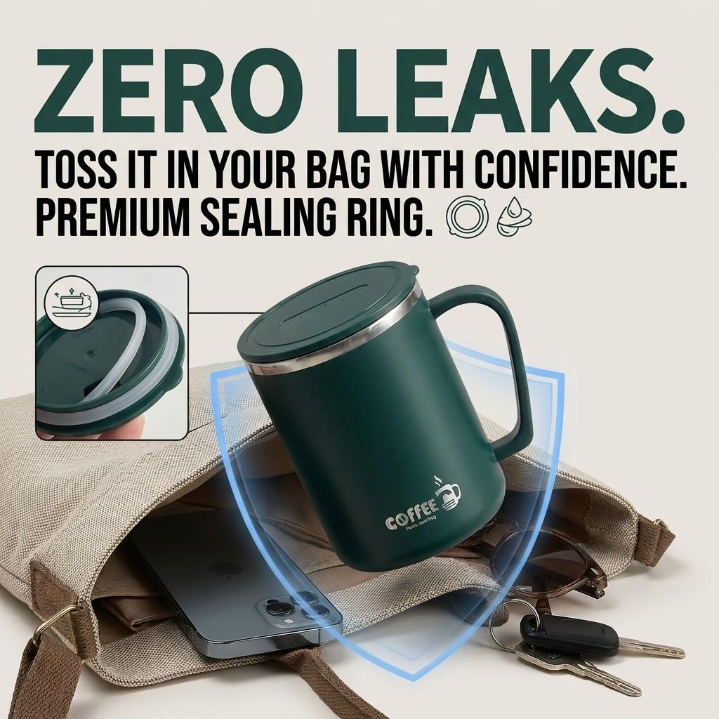 Insulated Travel Coffee Mug with Lid and Handle 304 Stainless Steel Tumbler Portable Leakproof Thermal Cup Tea Water Bottle