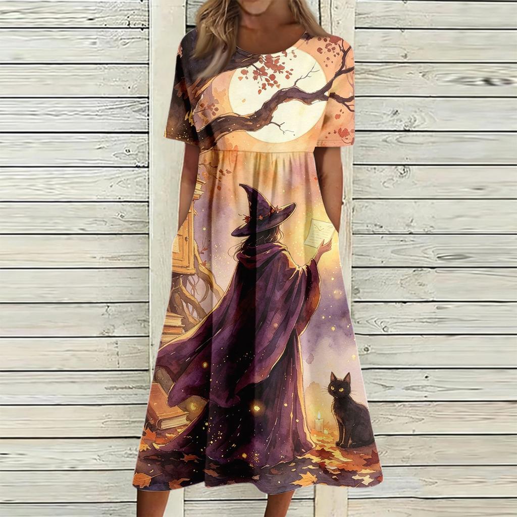 Women's Casual Halloween Print Round Neck Dress with Pockets for Festive Occasions