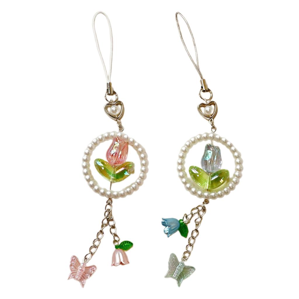 Elegant Flower Butterfly Phone Charm Beaded Keychain Acrylic Mobile Accessory Bag Pendant Keyring for Fashionable Women