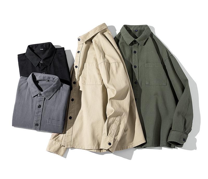 Camisa de algodão masculina nova primavera casual solta cor sólida ferramenta japonesa tendência I camisa de manga comprida