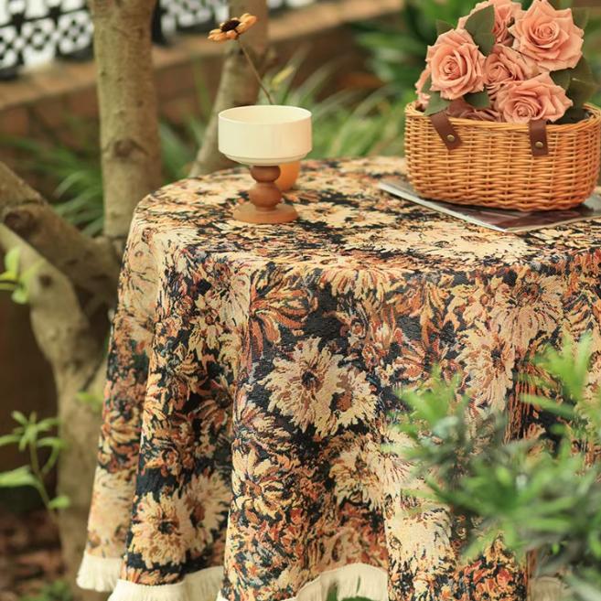 Vintage Round Tablecloth, Coffee Cotton Linen Florals Table Cloth, Anti-Wrinkle Decorative Tablecloths for Dining, Kitchen Wedding, Thanksgiving