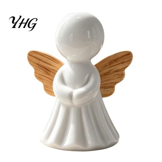 Modern Interior Design Accents Minimalist Angel Figurine with Wood Texture Wings, Compact Statue, Halloween Decorative Ornaments White Sculpture