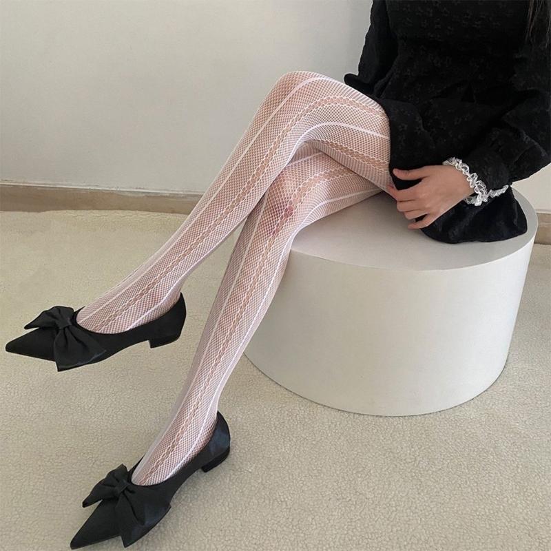 Women See Through Fishnet Mesh Pantyhose Stockings Japanese Aesthetic Hollowed Vertical Striped Pattern Tights Leggings