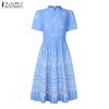ZANZEA Women Summer Stand Collar Short Sleeve Casual Print Dress