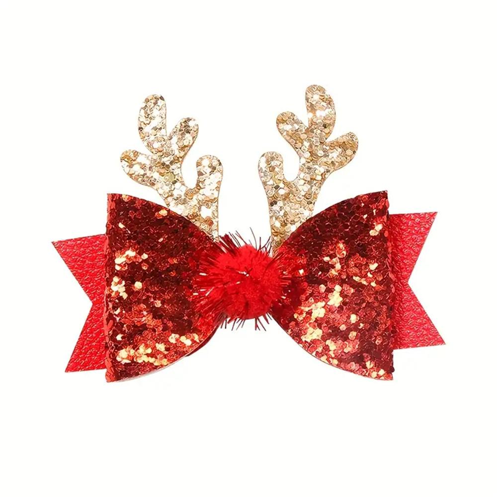 4pcs Children's Christmas Antler Hair Clip Glitter Elk Bow Hair Accessories For Girls Princess Pompom Party Hairpins Ideal Gifts