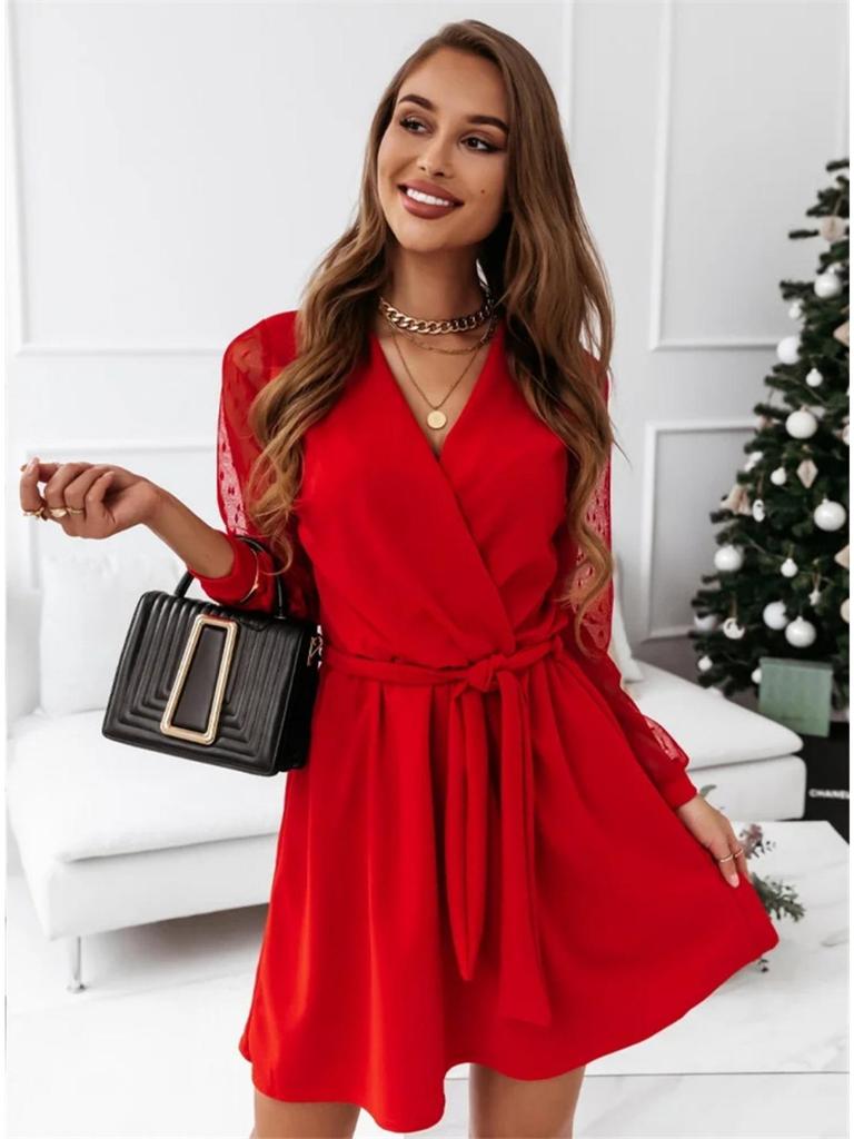 V Neck Lace Long Sleeve Women  Dresses High Waist Splicing Dress Girl Cocktail Evening Dresses