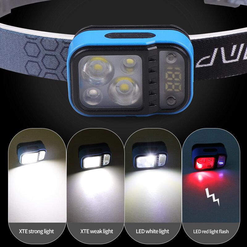 Wave Sensor 2*XTE+LED White+Red Light Smart Headlamp 60° Adjustable Headlight USB Rechargeable Power Display for Camping Hiking Working