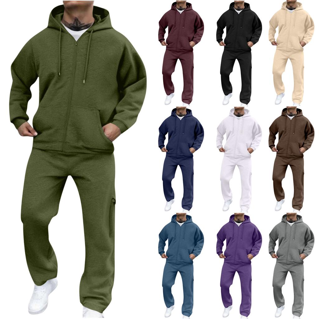 Men's Classic Two-Piece Set, Fleece Zip Hoodie Jacket & Elastic-Waist Cargo Pants For Casual Outdoor Sports
