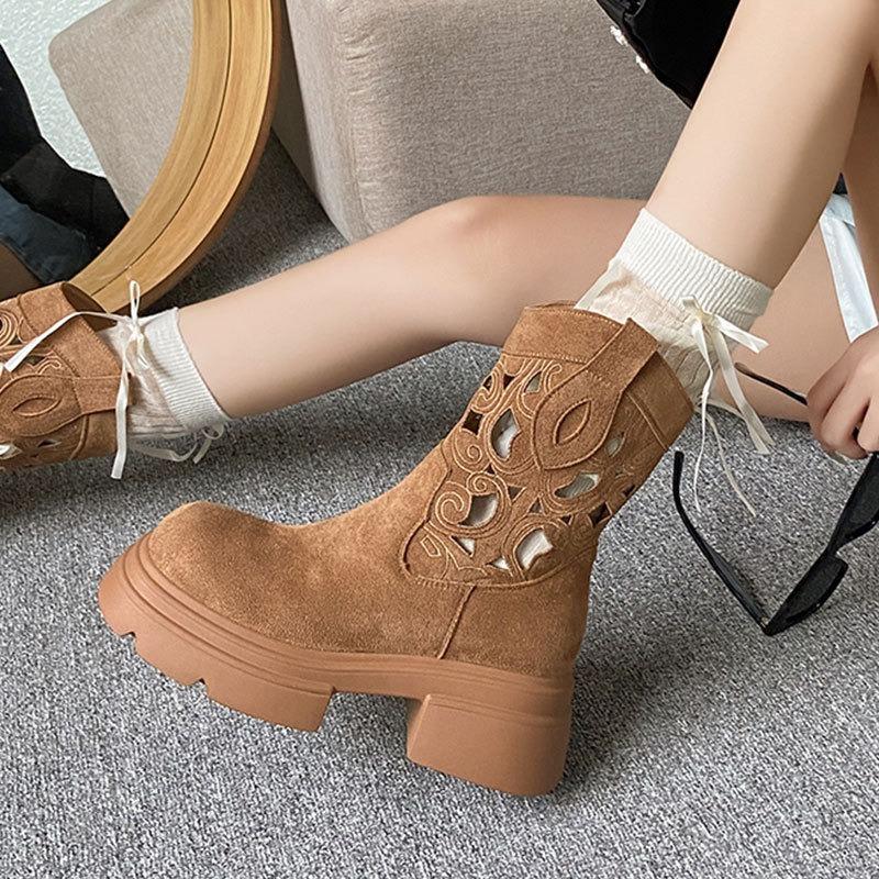 Fashion Retro Western Suede Short Boots Breathable Heightening Women's Botines Versatile Round Toe Mid-Calf Cowboy Boots Botas Mujer