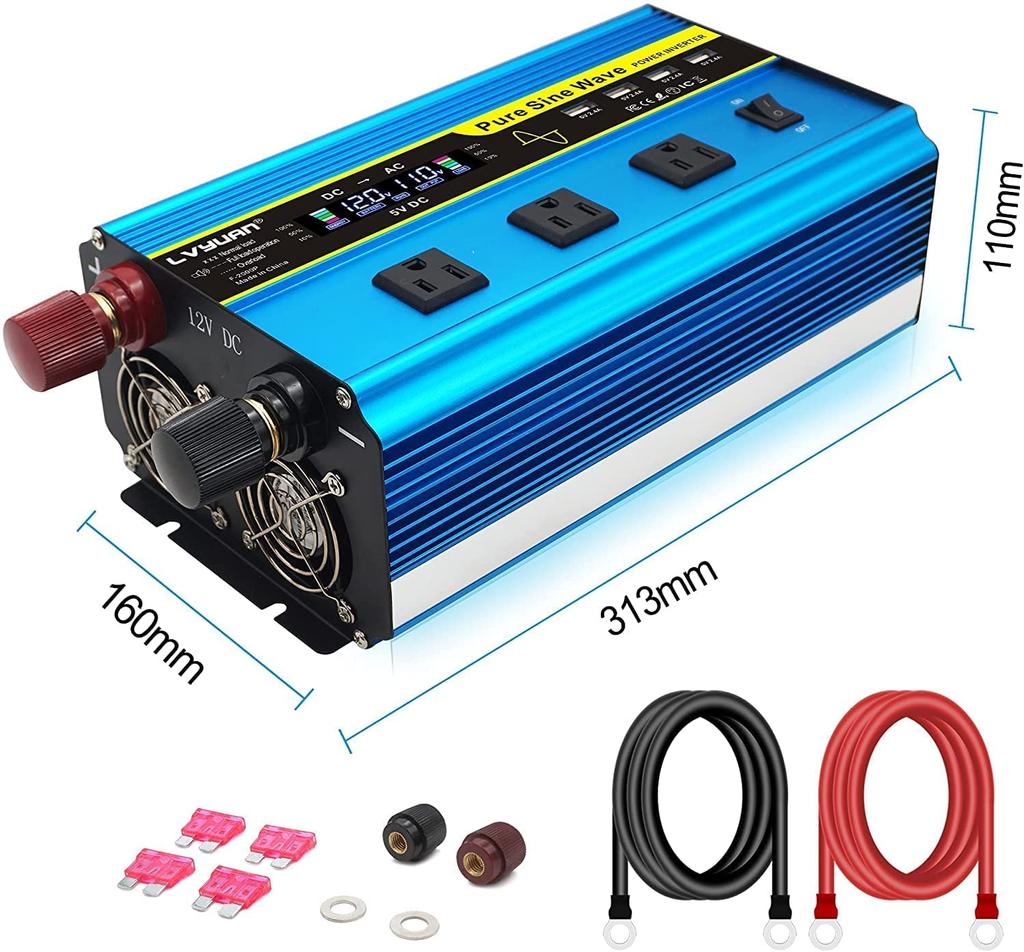 LVYUAN Pure Sine Wave Rated Power Maximum Power DC12V To AC100V Remote 3 AC 3 USB Solar Disaster Kitchen Outdoor Instruction Inverter, 1600W, 12V,