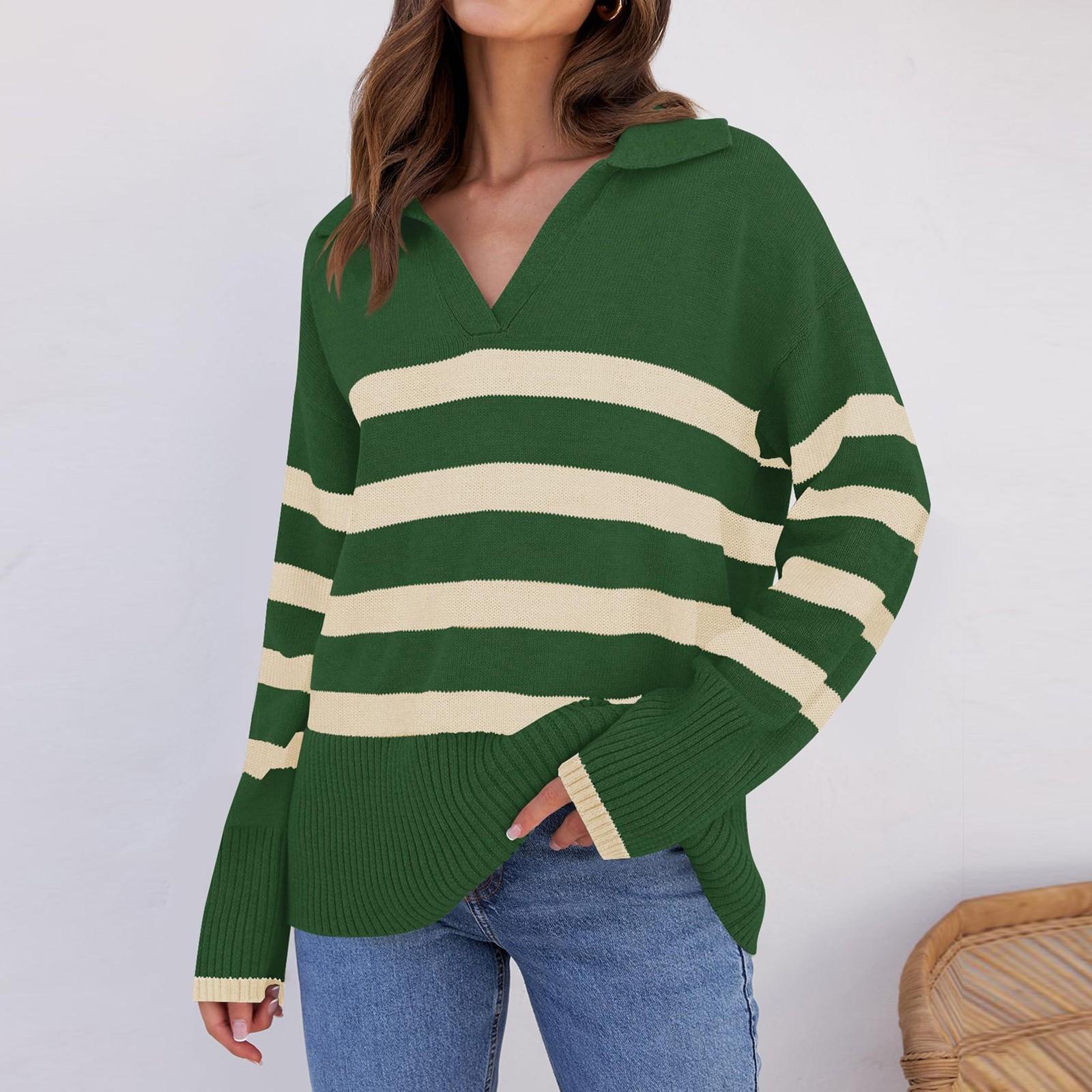 

Женский повседневный модный удобный темпераментный свободный свитер в полоску с цветным лацканом S зелёный